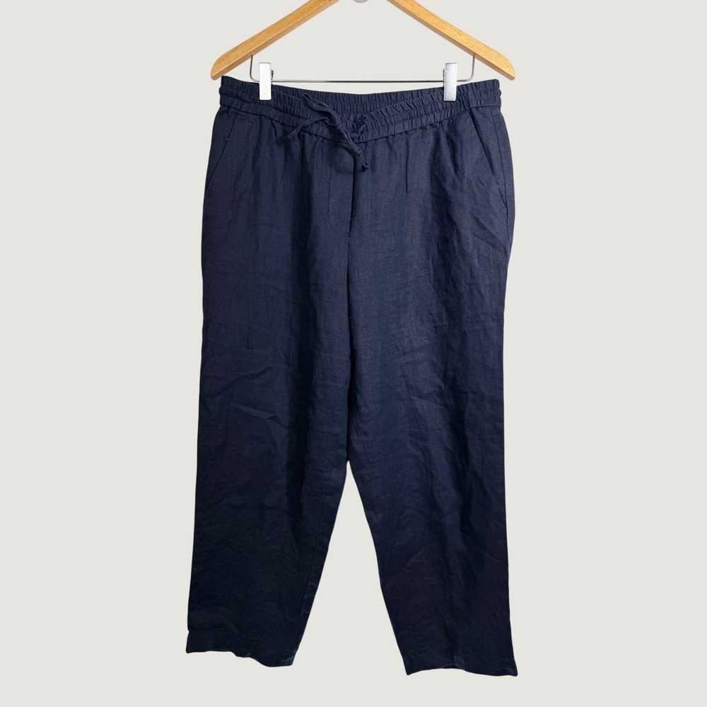 Talbots Womens Navy Blue‎ 100% Linen Drawstring Elastic Waist Pants Size 10